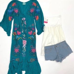 Judith March Jade Green Embroidered Duster EUC